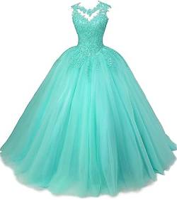 Beyonddress Frauen Prinzessin Abendkleider Quinceanera Kleider Spitze Applikationen Tüll Ballkleid Party Kleider(Türkis,52) von Beyonddress