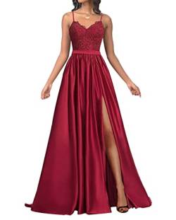 Beyonddress Frauen Satin Abendkleider Lang Elegant Spaghetti Straps Spitze Applique Ballkleider für Hochzeit Party Kleider(Weinrot,34) von Beyonddress