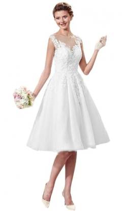 Beyonddress Frauen Satin Spitze Brautkleider Kurz Hochzeitskleider mit Ärmel Applique Brautkleider Langarm Brautmode,Weiß 02,DE34 von Beyonddress