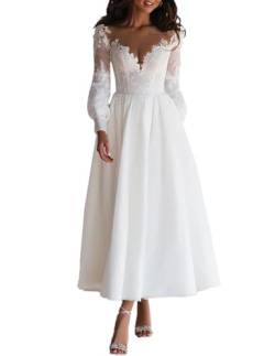 Beyonddress Frauen Spitze Brautkleider für Braut Teelänge Hochzeitskleider mit Ärmel Applique Tüll Brautkleider Langarm Brautmode,Elfenbein 02,DE46 von Beyonddress