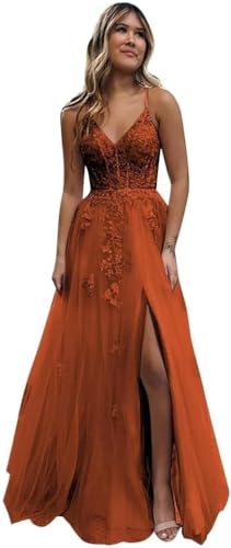 Beyonddress Frauen Tüll Spitze Abendkleider Lange V-Ausschnitt Formelle Kleider mit Schlitz Spaghettiträger Ballkleider(Gebrannt Orange,50) von Beyonddress