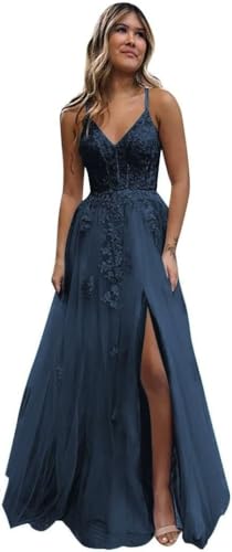 Beyonddress Frauen Tüll Spitze Abendkleider Lange V-Ausschnitt Formelle Kleider mit Schlitz Spaghettiträger Ballkleider(Navy Blau,36) von Beyonddress