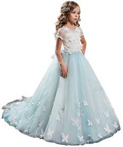 Beyonddress Mädchen Hochzeit Fest Blumenmädchen Kleider Bodenlanges Kinderkleid Kommunionkleid Ballkleid Partyskleid mit Ärmeln(Blau,5-6 Jahre) von Beyonddress