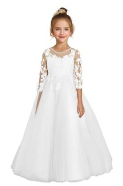 Beyonddress Spitze Tüll Blumenmädchen Kleider für Hochzeit O-Ausschnitt Festzug Ballkleider Langarm Kinder Brautkleid Weiß 7 von Beyonddress