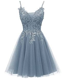 Damen Spaghetti-Träger Abendkleider Kurz Ballkleider Spitze Applikationen Cocktailkleider Abschlusskleid Partykleid(Dusty Blau,36) von Beyonddress