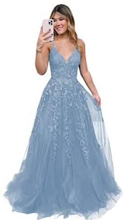 Damen V-Ausschnitt Tüll Abendkleider Lange A Linie Applikationen Spitze Ballkleid Formelles für Teens(Dusty Blau,36) von Beyonddress