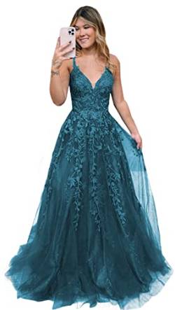 Damen V-Ausschnitt Tüll Abendkleider Lange A Linie Applikationen Spitze Ballkleid Formelles für Teens(Teal,32) von Beyonddress