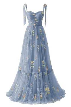 Frauen Blumen Stickerei Abendkleider Lang Elegant Ballkleider Spaghetti Träger A Line Formal Party Kleider(A-Dusty Blau,36) von Beyonddress