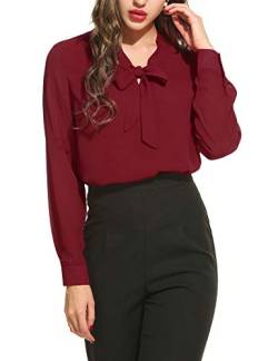 ACEVOG Damen Elegant Business Chiffonbluse Schluppenshirt T-Shirt mit Schleife V-Ausschnitt Bluse Hemd Oberteil M, Weinrot_a von Beyove