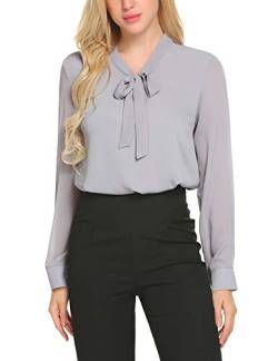 ACEVOG Damen Elegant Business Chiffonbluse Schluppenshirt T-Shirt mit Schleife V-Ausschnitt Bluse Hemd Oberteil XL, Grau von Beyove