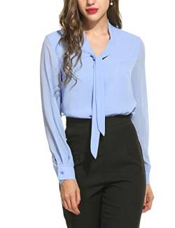 ACEVOG Damen V-Ausschnitt Schluppenbluse Chiffonbluse Langarmshirt Basic Bluse Einfarbig hellblau M, Hellblau von Beyove