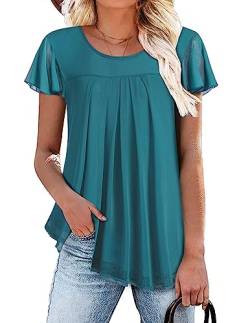 Beyove Blusen Damen Elegant Falten Kurzarm Tunika Doppellagige Blusentops Shirt Blumen Bluse Oberteile Leicht Sommerbluse Dunklel Cyan M von Beyove