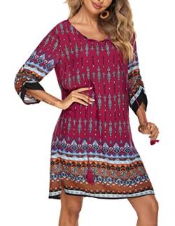 Beyove Bohemian Tunika Kleid Damen Strandkleid Tunikakleider Vintage Strandtunika 3/4-Arm Rundhals Kleid Blumenmuster Kurzes Sommerkleider Tops Muster 8 XXL von Beyove