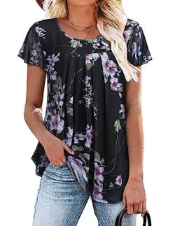 Beyove Damen Bluse Kurzarm Blumen Tunika Shirt Elegant Sommerblusen Doppellagig Longshirt Rundhals Lässiger Oberteile M von Beyove