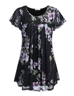 Beyove Damen Bluse Kurzarm Blumen Tunika Shirt Elegant Sommerblusen Doppellagig Longshirt Rundhals Lässiger Oberteile S von Beyove