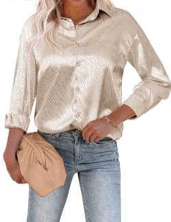 Beyove Damen Bluse Satin Seide V-Ausschnitt Hemden Elegant Langarm Business Oberteile mit Knöpfen Tops Lose Langarmshirt Beige Muster XL von Beyove