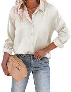 Beyove Damen Bluse Satin Seide V-Ausschnitt Hemden Elegant Langarm Business Oberteile mit Knöpfen Tops Lose Langarmshirt Beige XL von Beyove