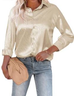 Beyove Damen Bluse Satin Seide V-Ausschnitt Hemden Elegant Langarm Business Oberteile mit Knöpfen Tops Lose Langarmshirt Champagner Muster XL von Beyove