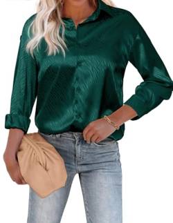 Beyove Damen Bluse Satin Seide V-Ausschnitt Hemden Elegant Langarm Business Oberteile mit Knöpfen Tops Lose Langarmshirt Dunkelgrün Muster M von Beyove