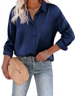 Beyove Damen Bluse Satin Seide V-Ausschnitt Hemden Elegant Langarm Business Oberteile mit Knöpfen Tops Lose Langarmshirt Marine XL von Beyove