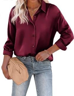 Beyove Damen Bluse Satin Seide V-Ausschnitt Hemden Elegant Langarm Business Oberteile mit Knöpfen Tops Lose Langarmshirt Rotwein S von Beyove