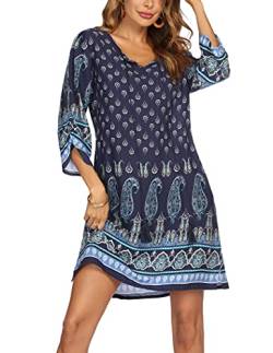 Beyove Damen Bohemian Tunika Kleid Sommer Strandkleid Tunikakleider Vintage Strandtunika 3/4-Arm Rundhals Kleid Blumenmuster Kurzes Sommerkleider Tops XXL von Beyove