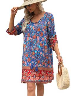 Beyove Damen Bohemian Tunika Kleid Strandkleid Tunikakleider Vintage Strandtunika 3/4-Arm Rundhals Kleid Blumenmuster Kurzes Sommerkleider Tops Blumenklei XL von Beyove