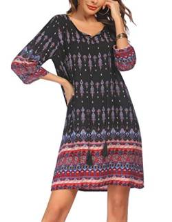 Beyove Damen Bohemian Tunika Kleid Strandkleid Tunikakleider Vintage Strandtunika 3/4-Arm Rundhals Kleid Blumenmuster Kurzes Sommerkleider Tops Muster 2 XXL von Beyove