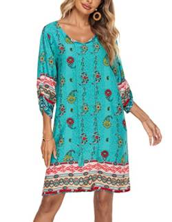 Beyove Damen Bohemian Tunika Kleid Strandkleid Tunikakleider Vintage Strandtunika 3/4-Arm Rundhals Kleid Blumenmuster Kurzes Sommerkleider Tops Muster 9 S von Beyove