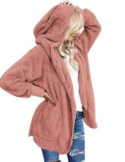 Beyove Damen Hoodie Jacke Oversize Mantel Winter Plüschjacke Langarm Wintermantel Warm Cardigan Kapuzenpullover Sweatshirt mit Kapuze Strickjacke Kapuzenjacke Winterjacke Rosa XL von Beyove