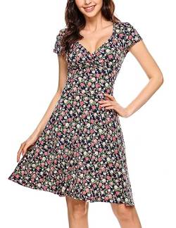 Beyove Damen Jersey Kleid Blumen Skaterkleid V-Ausschnitt Sommerkleider Muster Jerseykleid Sexy Kurz oder Langarm A-blau L von Beyove