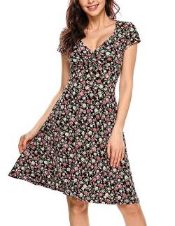 Beyove Damen Jersey Kleid Blumen Skaterkleid V-Ausschnitt Sommerkleider Muster Jerseykleid Sexy Kurz oder Langarm A-schwarz S von Beyove