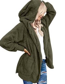 Beyove Damen Mantel Plüschjacke Cardigan Hoodie Jacke Strickjacke Oversize Winterjacke Langarm Wintermantel Kapuzenjacke mit Taschen Armeegrün S von Beyove