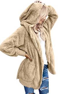 Beyove Damen Mantel Plüschjacke Cardigan Hoodie Jacke Strickjacke Oversize Winterjacke Langarm Wintermantel Kapuzenjacke mit Taschen Beige L von Beyove