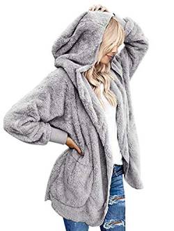 Beyove Damen Mantel Plüschjacke Cardigan Hoodie Jacke Strickjacke Oversize Winterjacke Langarm Wintermantel Kapuzenjacke mit Taschen Grau XXL von Beyove