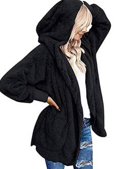 Beyove Damen Mantel Plüschjacke Hoodie Jacke Oversize Wintermantel Kurzmantel Warm Cardigan Kapuzenjacke Winterjacke mit Taschen Schwarz L von Beyove