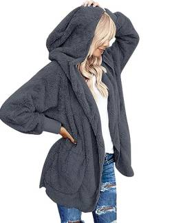 Beyove Damen Plüschjacke Winterjacke Teddy Warm Hoodie Pullover Mit Kapuze Winter Reißverschluss Kapuzenjacke mit Tasches Einfarbig Lässige Jacken Mantel Oberteile Dunkelgrau XL von Beyove