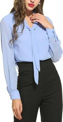 Beyove Damen V-Ausschnitt Schluppenbluse Chiffonbluse Langarmshirt Basic Bluse Einfarbig hellblau XL von Beyove