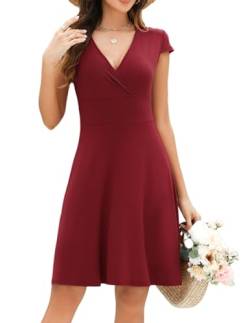 Beyove Kleid Blumen Damen Knielang Sommerkleider Blümchen Kurzarm Wickelkleid A Linie Jerseykleider Sommer Blumenkleid Freizeitkleid Sommer Weinrot 38 M von Beyove