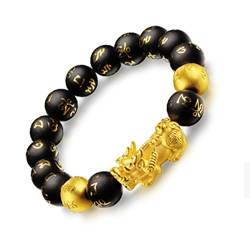 Herren-Armbänder, Obsidian-Armband, Feng Shui Obsidian Gold Pi Yao Reichtum Armband Authentisches Amulett Glück Reichtum Abwehr böser Geister Armband Talisman for Wohlstand Geld Viel Glück, 10 mm ( Co von BgnEhRfL