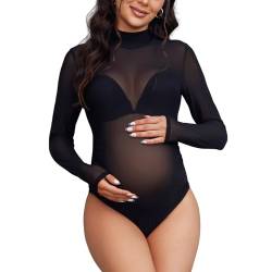 Bhome Mock Neck Mutterschaft Bodysuit für Fotoshootings Sheer Mesh Mutterschaft Fotografie Outfits, Schwarz, XL von Bhome