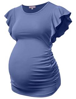 Bhome Schwangerschafts-Tops, fliegende Kurzärmel, T-Shirt, seitlich gerüscht, schwangere Bluse, lässige Schwangerschaftstunika, Lila / Grau, Mittel von Bhome