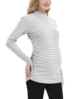 Bhome Schwangerschaftsshirt Langarm Schwangerschaft Top Gerippter Stehkragen Schwangere Pullover, Graue und weiße Streifen, Groß von Bhome