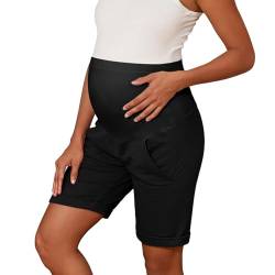 Bhome Umstands-Bermuda-Shorts über dem Bauch für Workout, lockere lässige Schwangerschaftshose mit Taschen, schwarz, Groß von Bhome