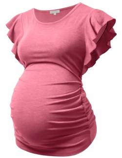 Bhome Umstands-Top, fliegende Shorts, Ärmel, T-Shirt, seitlich gerüscht, schwangere Bluse, lässig, Schwangerschaftstunika, Rosarot, Mittel von Bhome