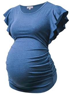 Bhome Umstands-Tops, Fliegende Shorts, Ärmel, T-Shirt, Seite gerüscht, Schwangere Bluse Casual Schwangerschaft Tunika - Blau - Mittel von Bhome
