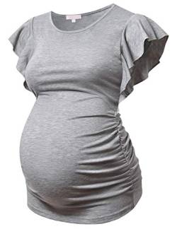 Bhome Umstands-Tops, Fliegende Shorts, Ärmel, T-Shirt, Seite gerüscht, Schwangere Bluse Casual Schwangerschaft Tunika - Grau - Groß von Bhome