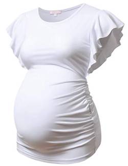 Bhome Umstands-Tops, Fliegende Shorts, Ärmel, T-Shirt, Seite gerüscht, Schwangere Bluse Casual Schwangerschaft Tunika - Weiß - Groß von Bhome