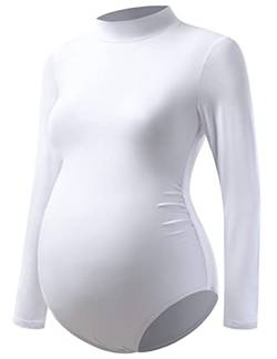 Bhome Umstandsshirt Mock Neck Langarm Bodysuit für Schwangere Fotoshooting, Weiß (durchsichtig), M von Bhome