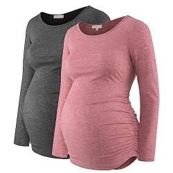 Umstandsshirt Langarm Basic Top Rüschen Seiten Bodycon T-Shirt für Schwangere Frauen, Dunkelgrau/Rosa, Klein von Bhome